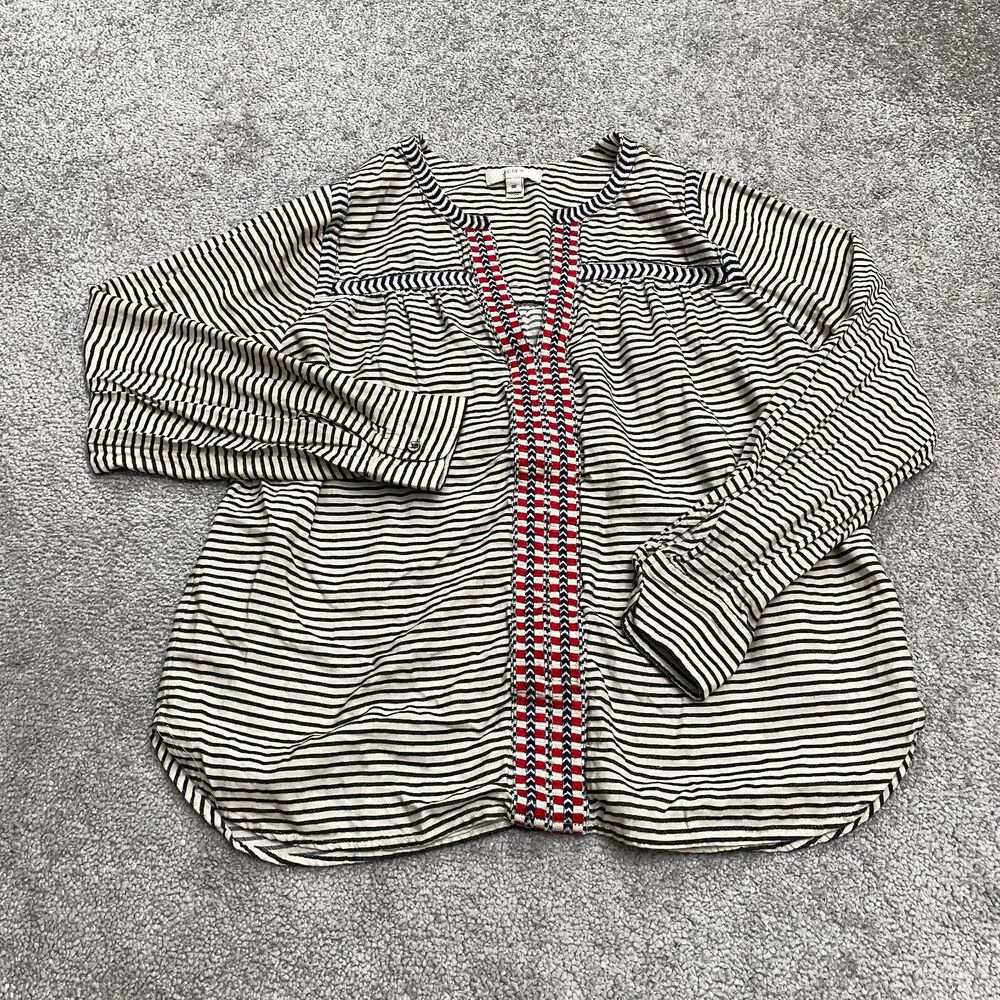 J.Crew Embroidered Peasant Popover Blouse Womens 00 Black Ivory Striped Casual